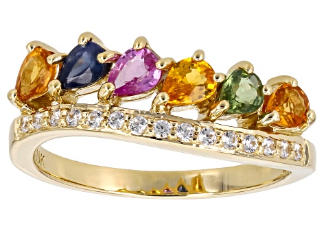 Multi-color Sapphire With White Zircon 10k Yellow Gold Ring 1.13ctw