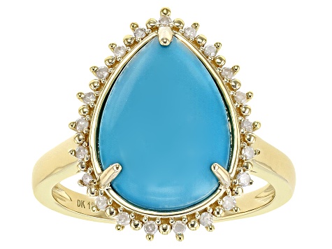 Blue Sleeping Beauty Turquoise With White Diamond 10k Yellow Gold Ring 0.09ctw