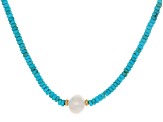 Blue Sleeping Beauty Turquoise With Cultured Freshwater Pearl 14k Yellow Gold Necklace