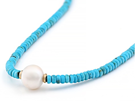 Blue Sleeping Beauty Turquoise With Cultured Freshwater Pearl 14k Yellow Gold Necklace