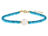 Blue Sleeping Beauty Turquoise With Cultured Freshwater Pearl 14k Yellow Gold Bracelet