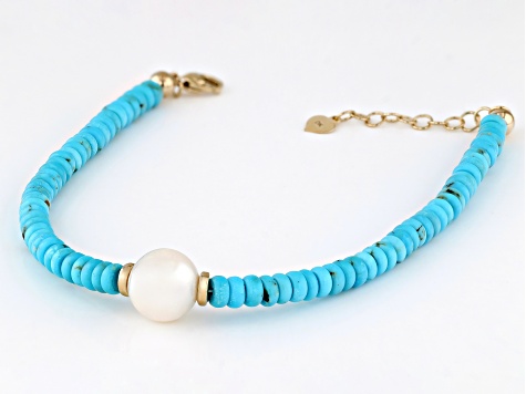 Blue Sleeping Beauty Turquoise With Cultured Freshwater Pearl 14k Yellow Gold Bracelet