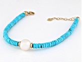 Blue Sleeping Beauty Turquoise With Cultured Freshwater Pearl 14k Yellow Gold Bracelet