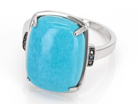 Blue Sleeping Beauty Turquoise with Blue Diamond Rhodium Over 14K White Gold Ring