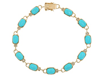 Picture of Blue Sleeping Beauty Turquoise With White Diamond Rhodium Over 14k Yellow Gold Bracelet 0.05ctw
