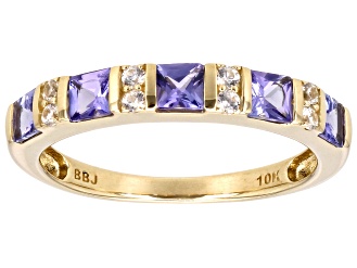 Blue Tanzanite With White Zircon 10k Yellow Gold Ring 0.85ctw