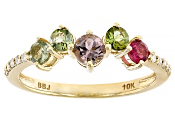 Picture of Multi Tourmaline With White Diamond 10k Yellow Gold Ring 0.67ctw