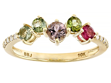 Multi Tourmaline With White Diamond 10k Yellow Gold Ring 0.67ctw