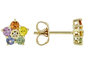 Multi Color Sapphire With White Diamond 10k Yellow Gold Earrings 0.71ctw
