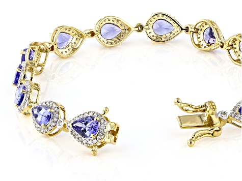 Blue Tanzanite With White Diamond 18k Yellow Gold Bracelet 14.03ctw
