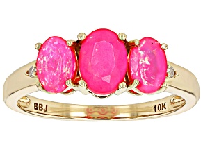 Pink Ethiopian Opal With White Diamond 10k Yellow Gold Ring 1.03ctw