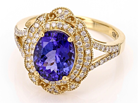 Blue Tanzanite With White Diamond 18k Yellow Gold Ring 2.85ctw