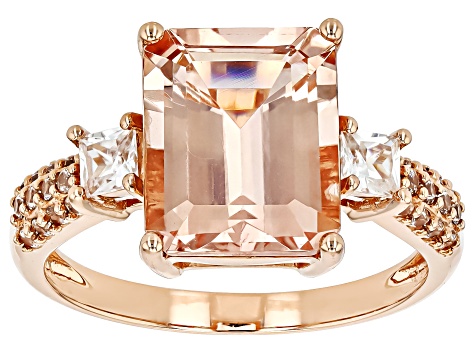 Peach Morganite With White Zircon 10k Rose Gold Ring 4.23ctw