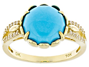 Blue Sleeping Beauty Turquoise With White Diamond 10k Yellow Gold Ring 0.14ctw