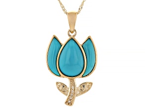 Blue Sleeping Beauty Turquoise With White Diamond 10k Yellow Gold Pendant With Chain 0.03ctw