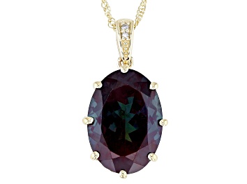 Picture of Blue Lab Created Alexandrite With White Diamond 10k Yellow Gold Pendant With Chain 5.02ctw