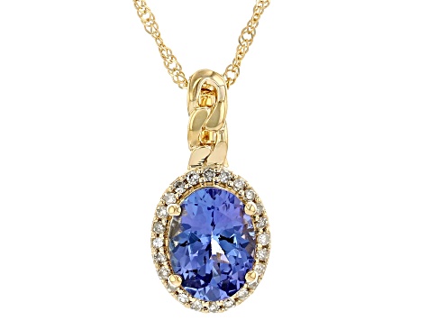 Blue Tanzanite With White Diamond 14k Yellow Gold Pendant With Chain 1.21ctw