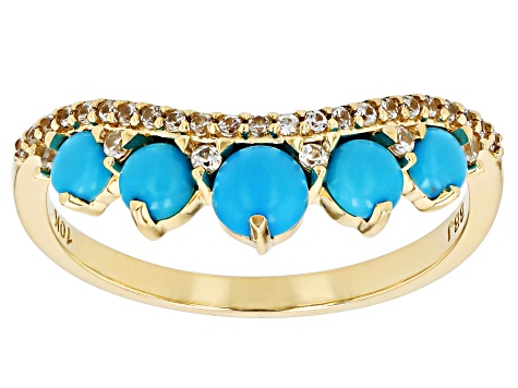 Blue Sleeping Beauty Turquoise With White Zircon 10k Yellow Gold Ring 0.19ctw