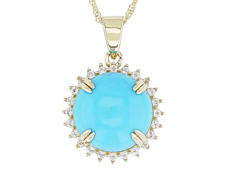 Sleeping Beauty Turquoise With White Topaz 10k Yellow Gold Pendant With Chain 0.38ctw