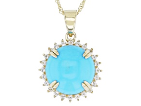 Sleeping Beauty Turquoise With White Topaz 10k Yellow Gold Pendant With Chain 0.38ctw