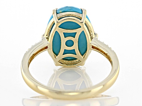 Blue Sleeping Beauty Turquoise With White Diamond 14k Yellow Gold Ring 0.02ctw