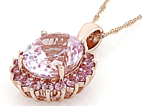 Kunzite With Pink Sapphire 10k Rose Gold Pendant With Chain 5.96ctw