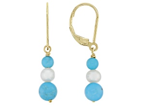 Blue Sleeping Beauty Turquoise With Cultured Freshwater Pearl 10k Yellow Gold Earrings