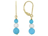 Blue Sleeping Beauty Turquoise With Cultured Freshwater Pearl 10k Yellow Gold Earrings