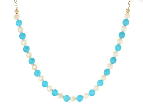 Blue Sleeping Beauty Turquoise With Cultured Freshwater Pearl 10k Yellow Gold Necklace