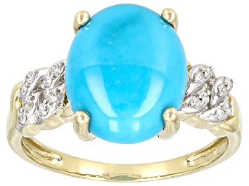 Picture of Blue Sleeping Beauty Turquoise With White Diamond 10k Yellow Gold Ring 0.07ctw