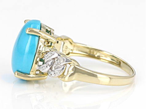Blue Sleeping Beauty Turquoise With White Diamond 10k Yellow Gold Ring 0.07ctw