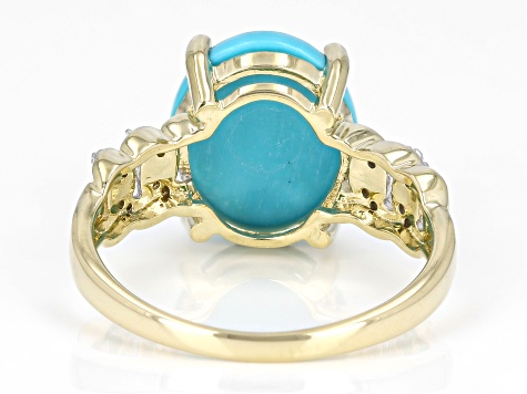 Blue Sleeping Beauty Turquoise With White Diamond 10k Yellow Gold Ring 0.07ctw