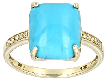 Picture of Blue Sleeping Beauty Turquoise With White Diamond 10k Yellow Gold Ring 0.04ctw