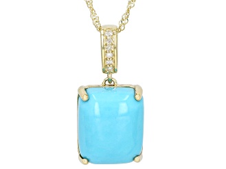 Blue Sleeping Beauty Turquoise With White Diamond 10k Yellow Gold Pendant With Chain 0.03ctw