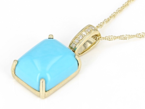 Blue Sleeping Beauty Turquoise With White Diamond 10k Yellow Gold Pendant With Chain 0.03ctw