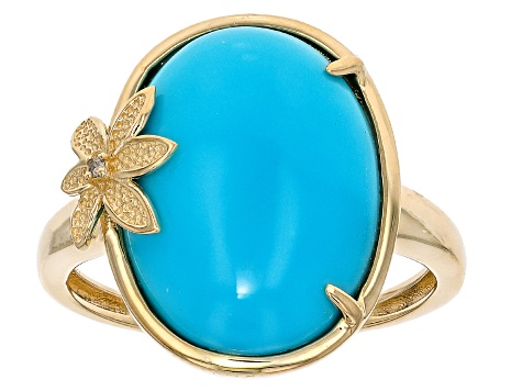 Blue Sleeping Beauty Turquoise With White Diamond 14k Yellow Gold Ring 0.01ctw