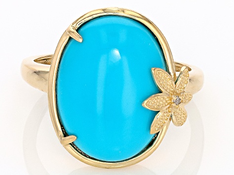 Blue Sleeping Beauty Turquoise With White Diamond 14k Yellow Gold Ring 0.01ctw