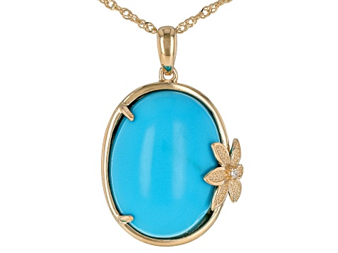 Blue Sleeping Beauty Turquoise With White Diamond 14k Yellow Gold Pendant With Chain 0.01ctw