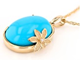 Blue Sleeping Beauty Turquoise With White Diamond 14k Yellow Gold Pendant With Chain 0.01ctw