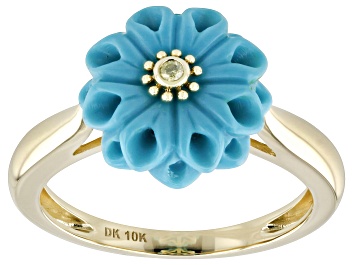 Picture of Blue Sleeping Beauty Turquoise With Yellow Diamonds 10k Yellow Gold Ring 0.02ctw