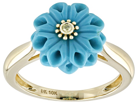 Blue Sleeping Beauty Turquoise With Yellow Diamonds 10k Yellow Gold Ring 0.02ctw