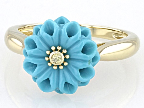 Blue Sleeping Beauty Turquoise With Yellow Diamonds 10k Yellow Gold Ring 0.02ctw