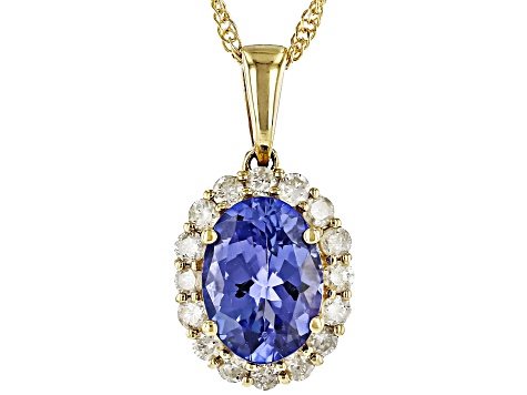 Blue Tanzanite With White Diamond 10k Yellow Gold Pendant With Chain 1.36ctw