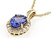 Blue Tanzanite With White Diamond 10k Yellow Gold Pendant With Chain 1.36ctw