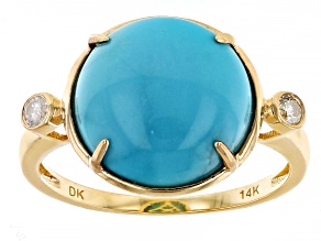 Blue Sleeping Beauty Turquoise With White Diamond 14k Yellow Gold Ring 3.86ctw