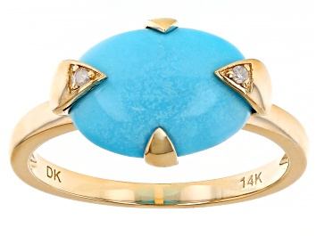 Picture of Blue Sleeping Beauty Turquoise With White Diamond Accent 14k Yellow Gold Ring 0.01ctw