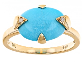 Blue Sleeping Beauty Turquoise With White Diamond Accent 14k Yellow Gold Ring 0.01ctw