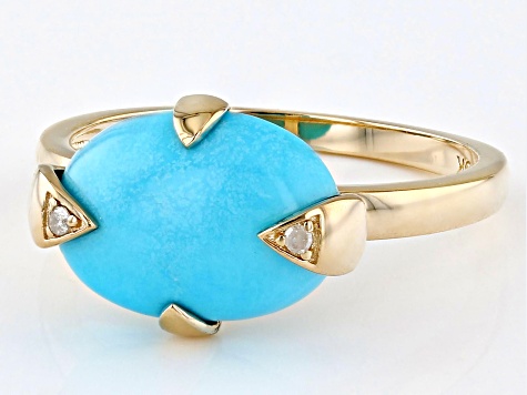 Blue Sleeping Beauty Turquoise With White Diamond Accent 14k Yellow Gold Ring 0.01ctw