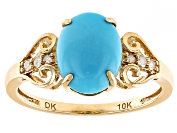 Picture of Blue Sleeping Beauty Turquoise With White Diamond 10k Yellow Gold Ring 0.08ctw