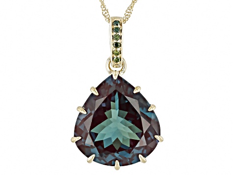 Lab Created Alexandrite With Green Diamond 10k Yellow Gold Pendant With Chain 9.38ctw